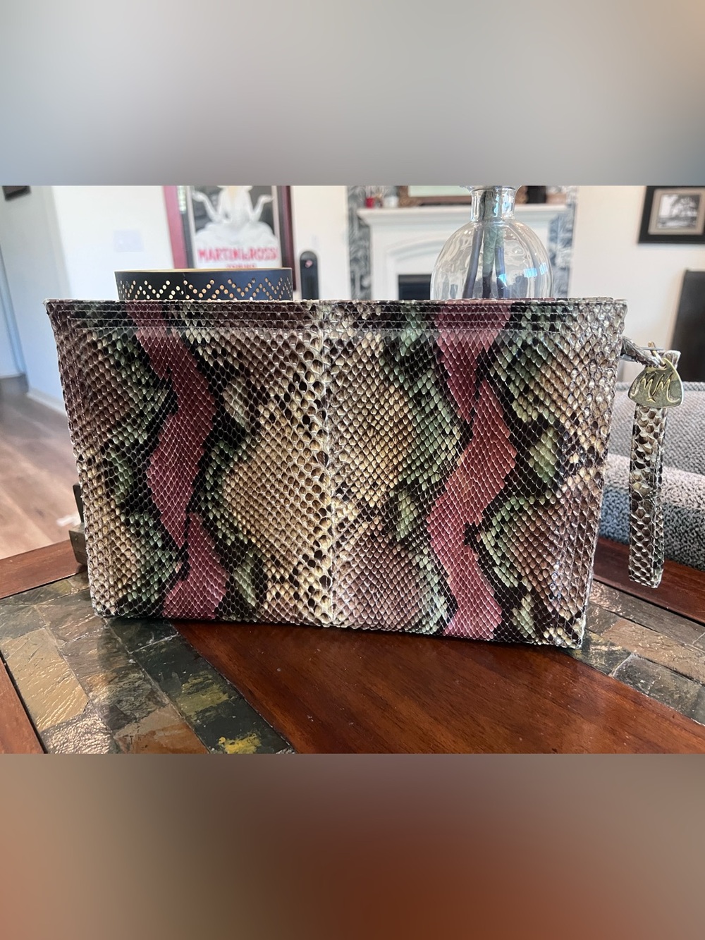 Genuine reptile vintage Wristlet Clutch in Pink, Green & Tan